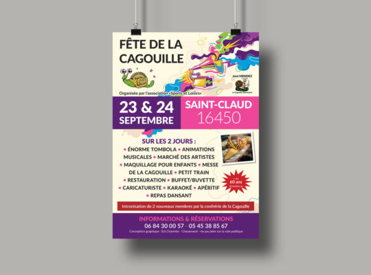 Affiche A3 suspendue pour la manifestation "Fête de la Cagouille" à St Claud en septembre 2023