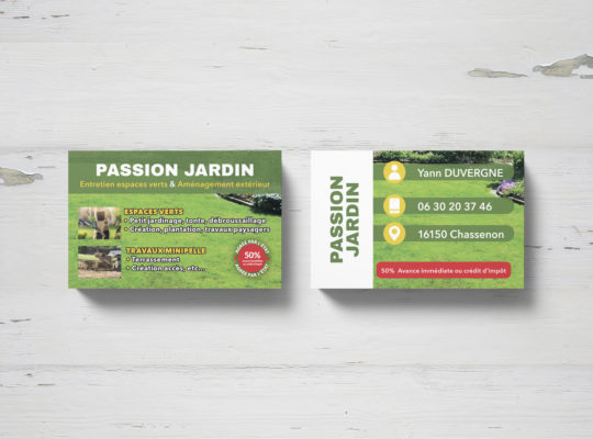 2 Cartes de visite côte à côte pour l'entreprise "Passion Jardin" - Cartes recto et verso